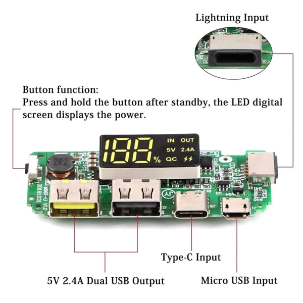 18650 5V 2.4A Lithium, Battery Digital Display, Charging Module Dual, USB Output Band, Display Booster, Module - Image 2